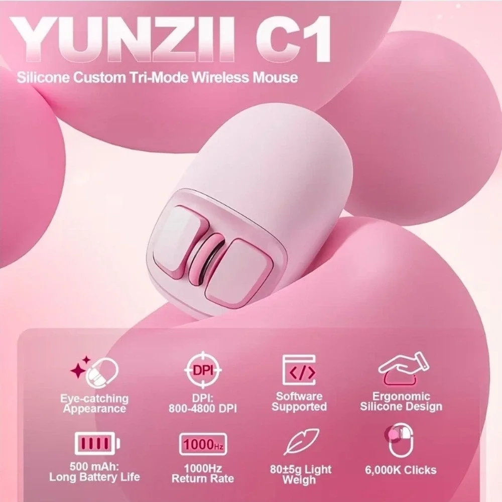 YUNZII C1 Silicone Wireless Mouse‎ Tri-Mode Bluetooth 4800 DPI Pink C1-Pink